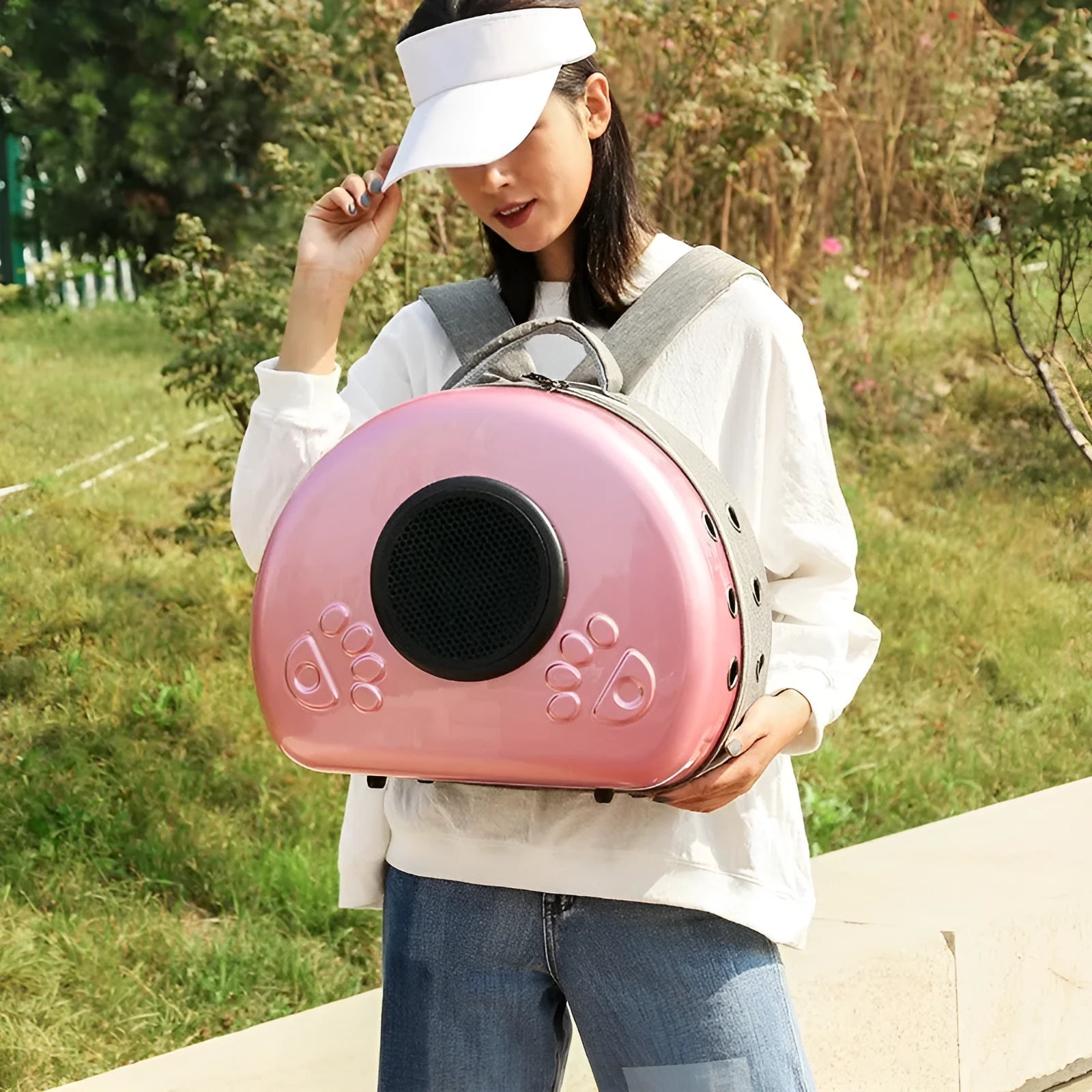 Transparent space capsule pet carrier bag in PC canvas with metallic front shell cover options