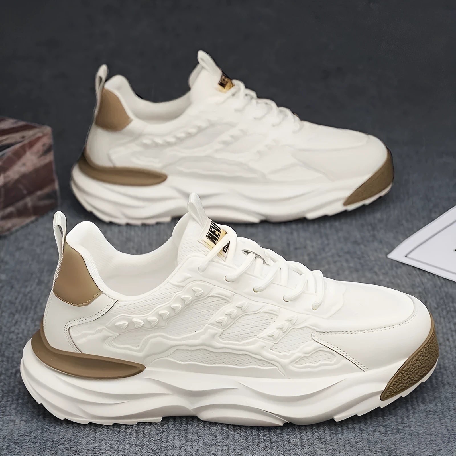 Men's white and black breathable mesh shoes with round toe design and PU construction
