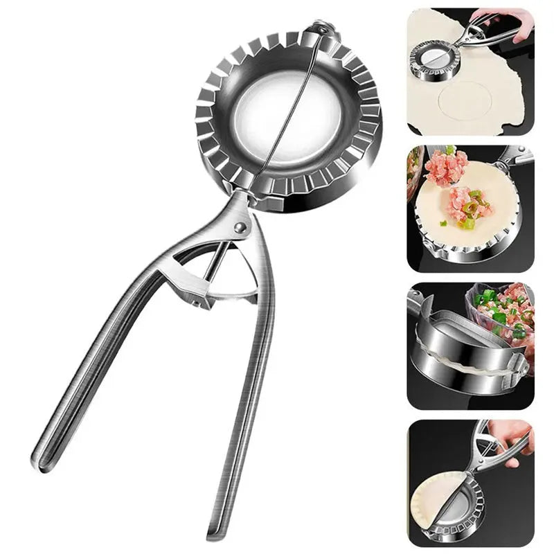 Silver stainless steel manual dumpling maker press tool on a kitchen surface.