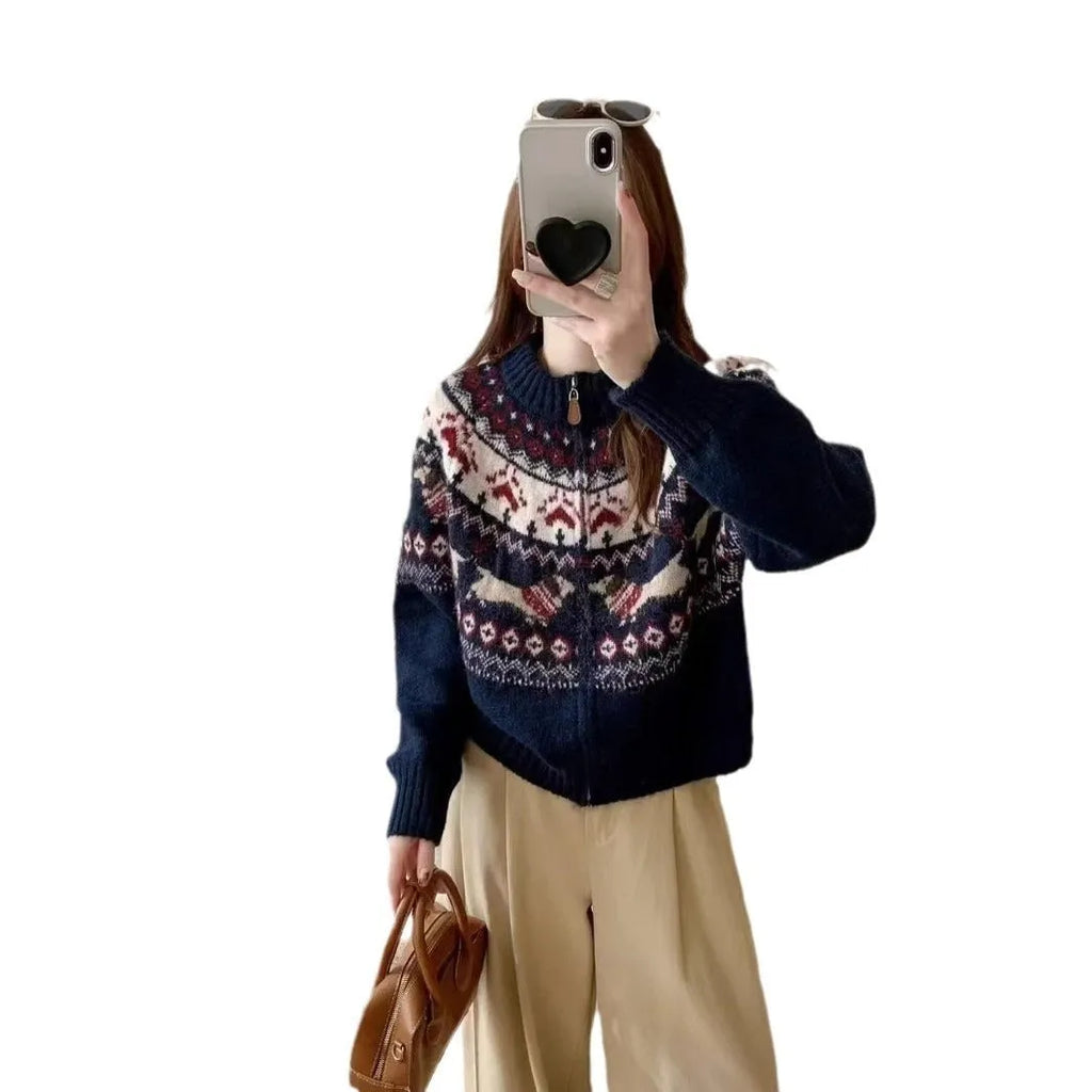 Ethnic style heavy industry jacquard pullover sweater with 3D pattern, shown in beige apricot and navy blue colours.