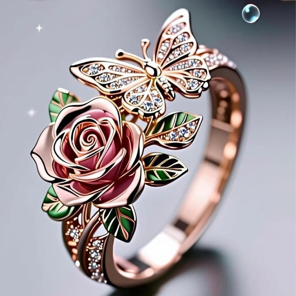 Adjustable fairy style ring with colourful oil drip butterfly and rose design on alloy metal