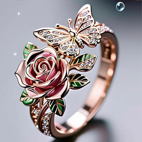 Adjustable fairy style ring with colourful oil drip butterfly and rose design on alloy metal
