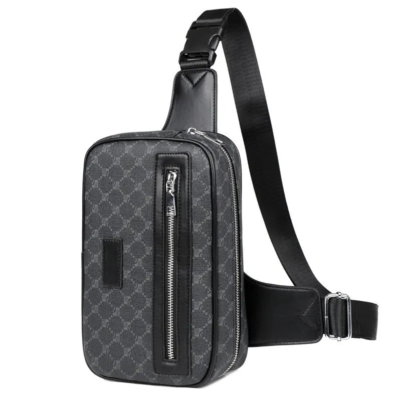 Men's black PU leather crossbody shoulder bag with printed chest design featuring windmill pattern detail