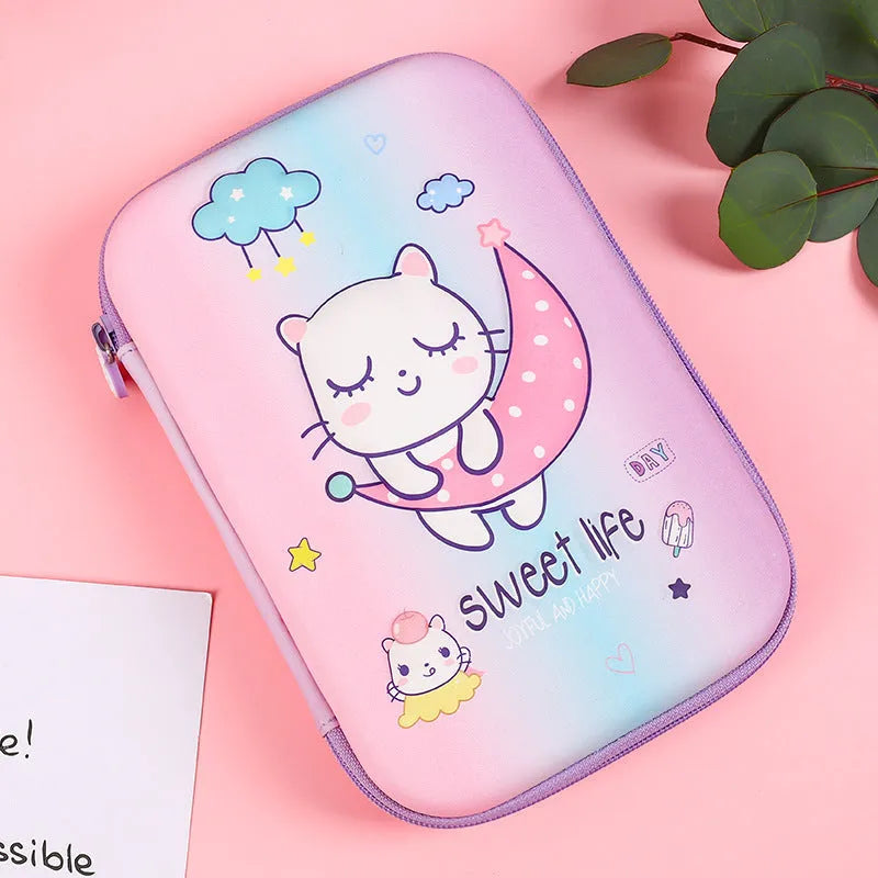 Square canvas pencil case with cartoon print, featuring a zip and large storage compartment