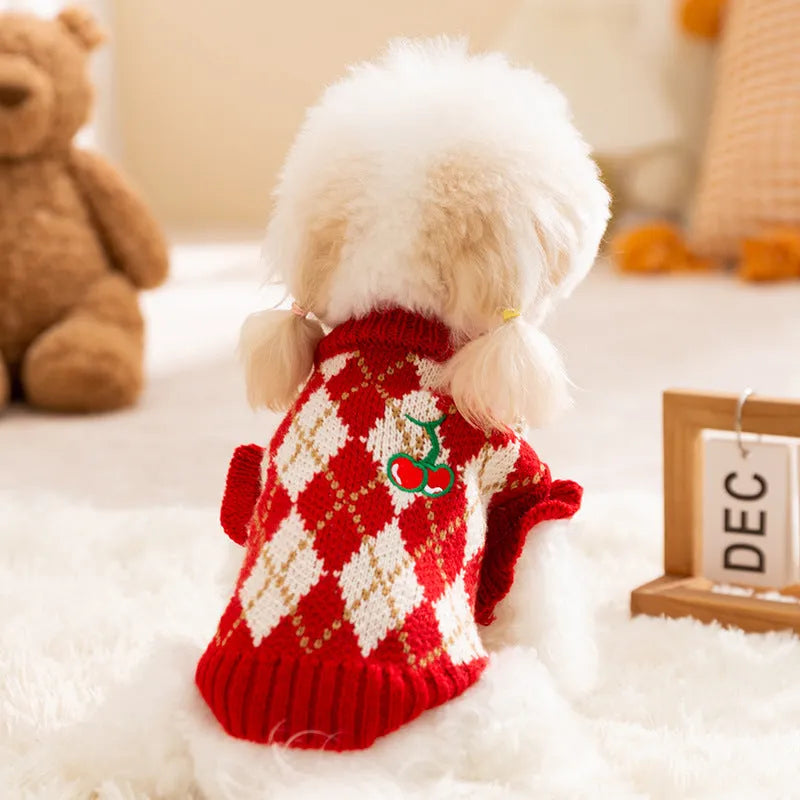 Red and white argyle knitted dog sweater with cherry embroidery for small dogs and cats