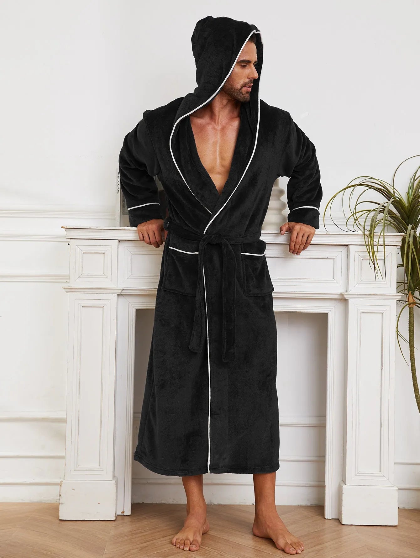 Men's flannel bathrobe pyjamas in light grey, dark blue, black colours with European American style sizing