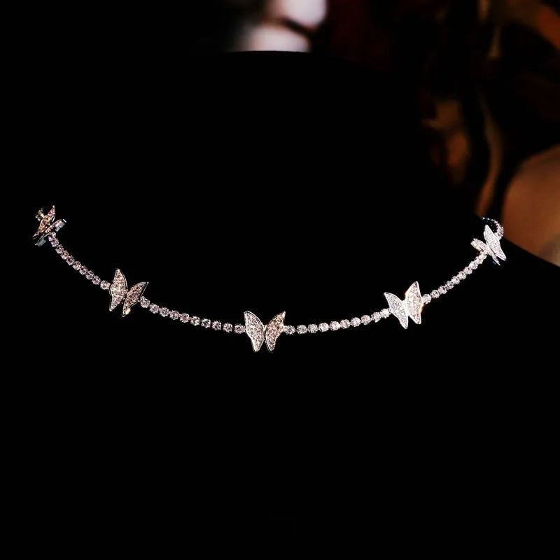 Gold alloy butterfly pendant necklace with zircon stones on adjustable chain from 21 to 50cm