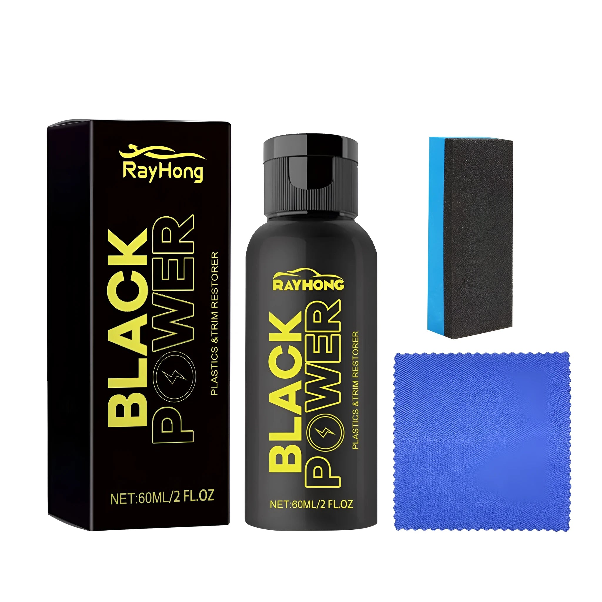Automotive plastic refurbishment kit with 60ml bottle, sponge and cloth for car interior restoration