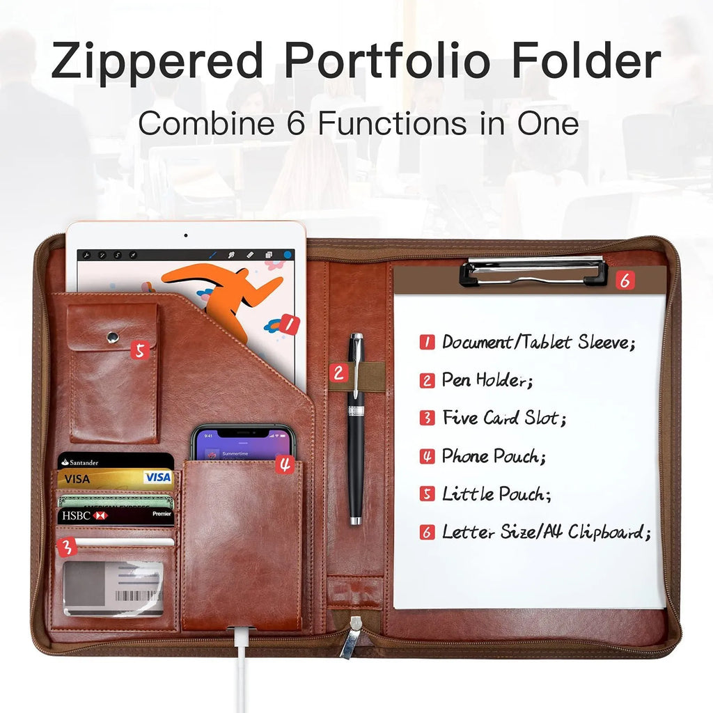 Waterproof PU zipper envelope storage bag in black – 34 x 25.5 x 3 cm with polyester lining for loose-leaf planners