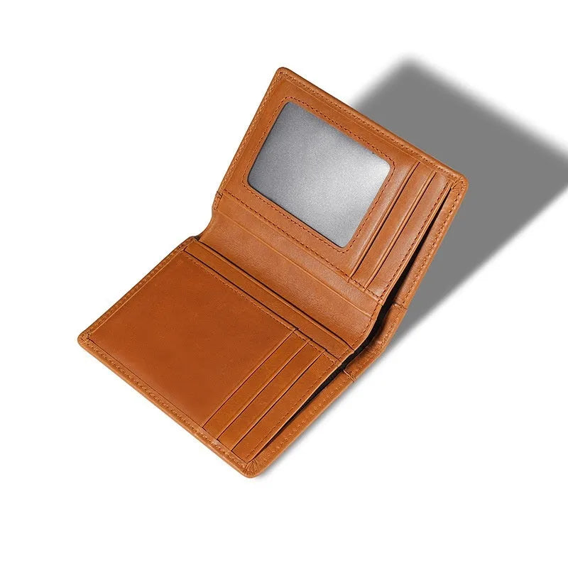 Men's polished genuine leather wallet in brown with vertical card slots and cowhide lining