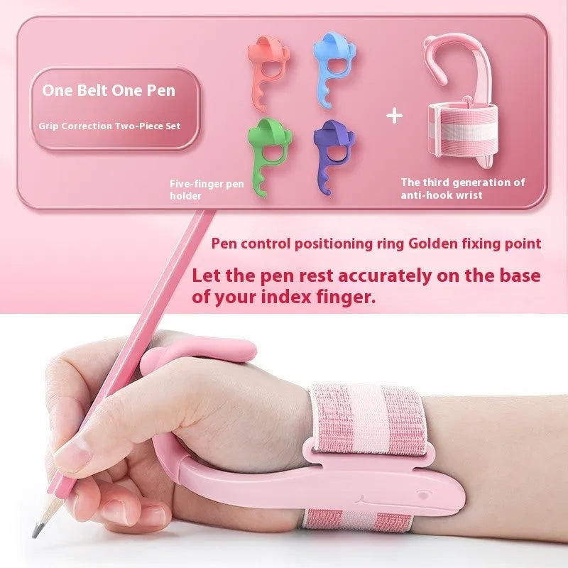 Blue anti-hook pen control corrector wrist brace on a child's hand holding a pencil.
