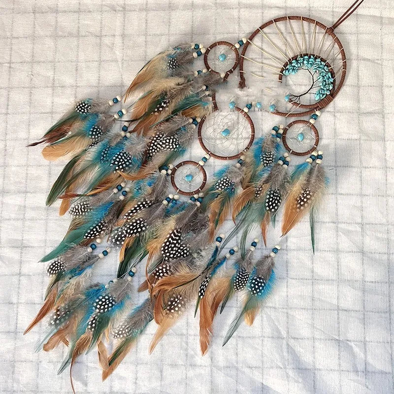 High-grade turquoise lucky tree dreamcatcher hanging wind chime Earth blue five circles crystal finish 15cm by 80cm