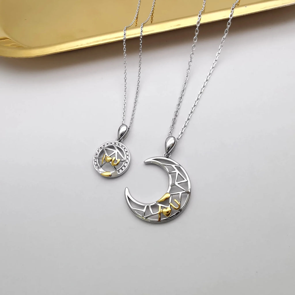Sun and moon copper necklace set with electroplated finish and cross chain