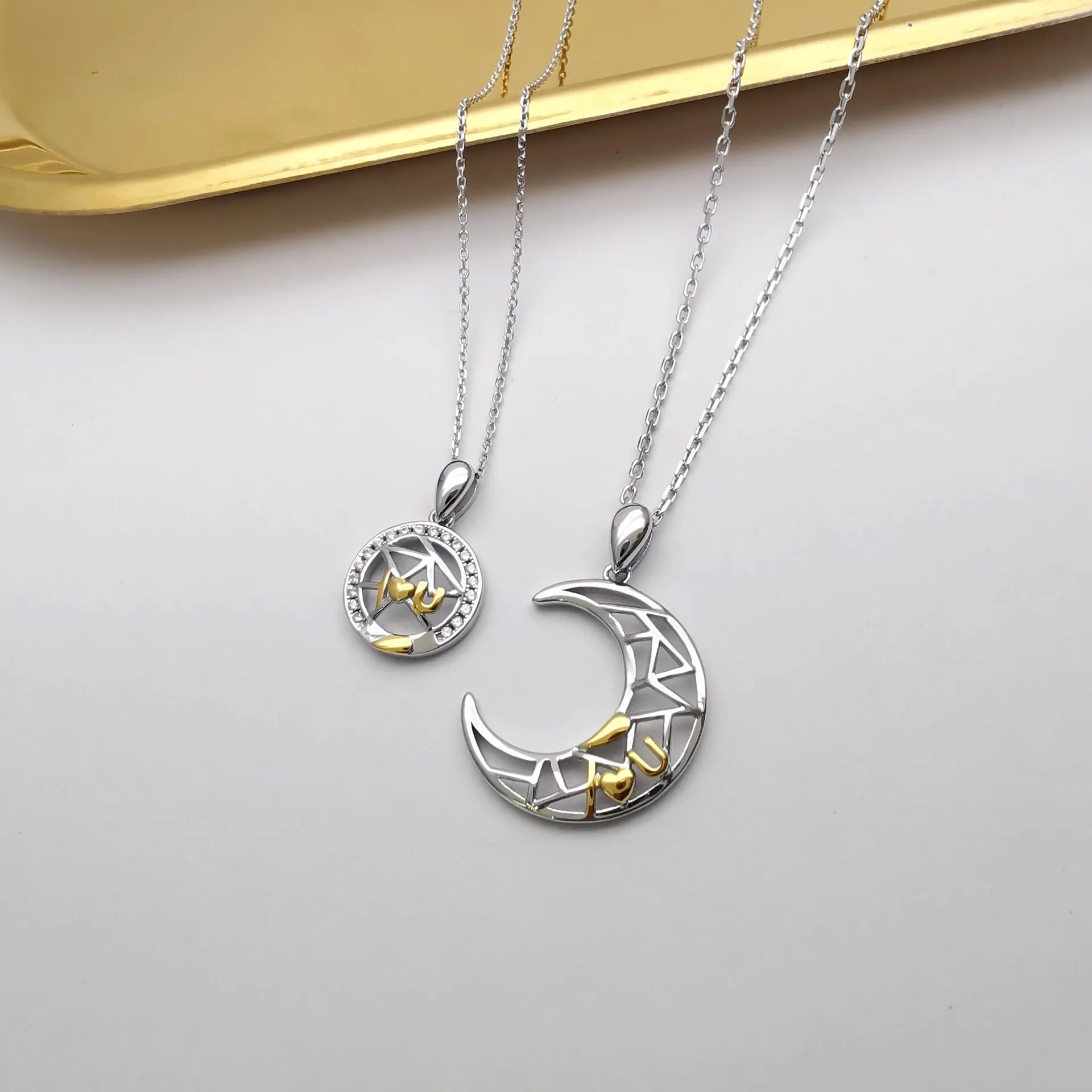 Sun and moon copper necklace set with electroplated finish and cross chain