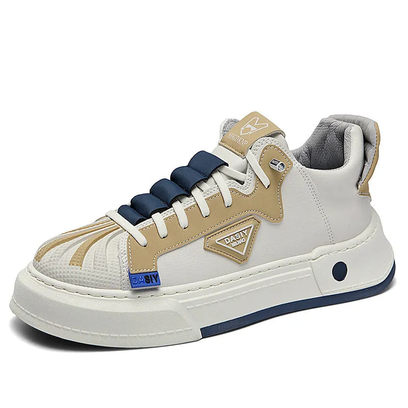 Men's beige low-top sneakers with elastic band and round toe on a flat plastic sole.