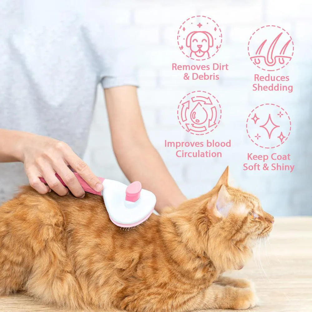 Blue cat brush with a release button and fine wire bristles for removing pet hair.