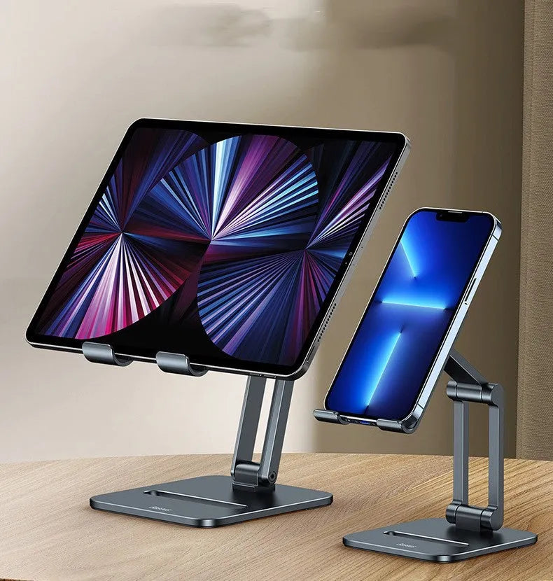 Deep space grey aluminium alloy folding stand for phones and tablets shown in two size options