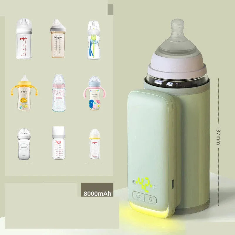 Portable milk warmer with white digital display, USB cable, and 6000mAh battery for bottle warming
