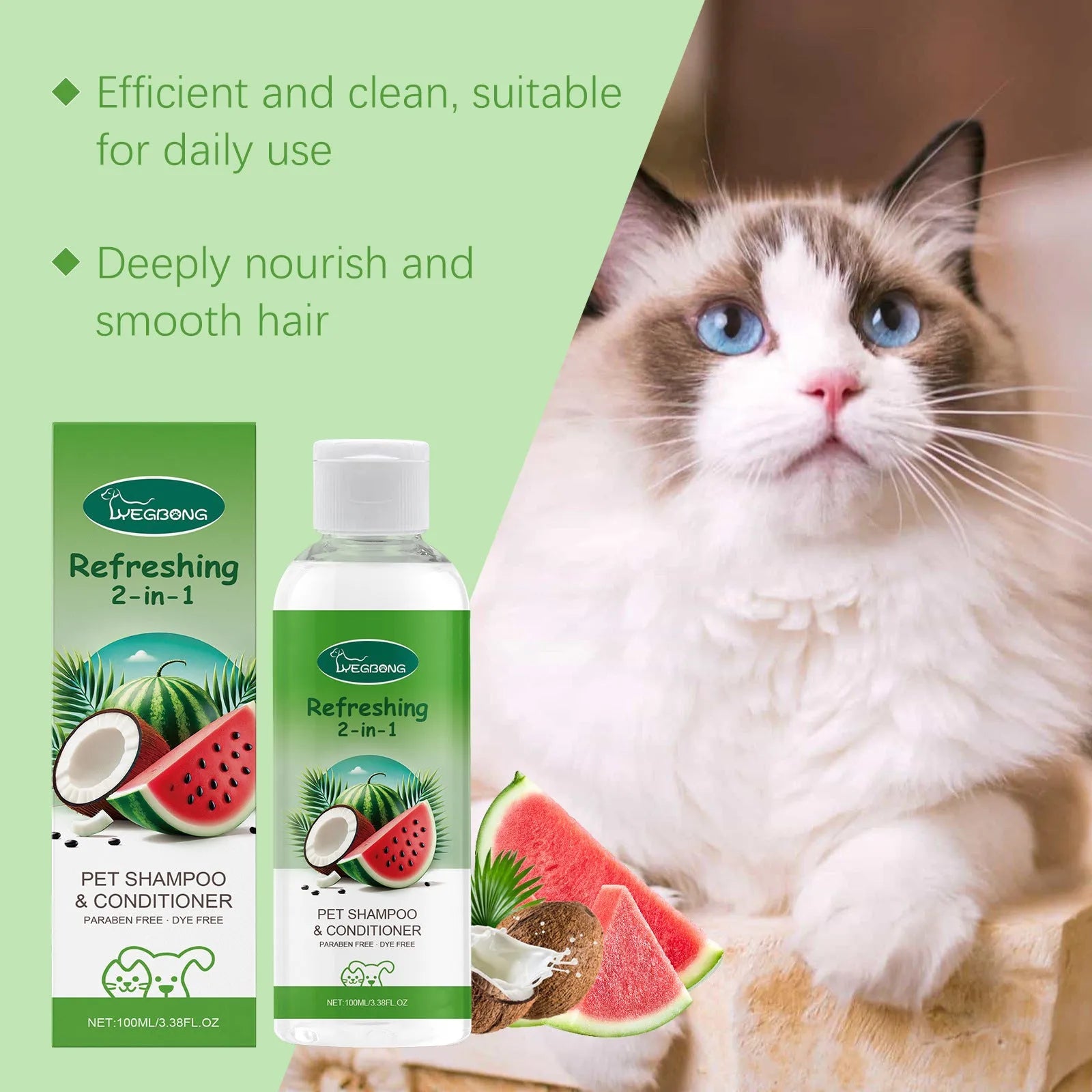 100ml bottle of 2-in-1 pet shampoo and shower gel with watermelon and coconut extract.