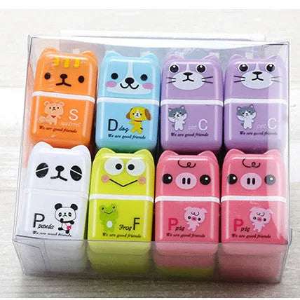 Pack of six cute cartoon animal erasers in mixed colours on a light background