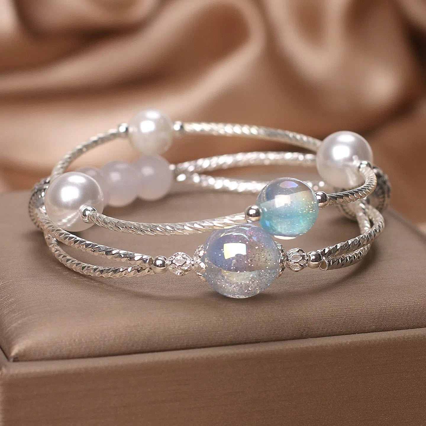 Light blue agate multi-circle twin crystal bracelet for women ethnic style travel gift