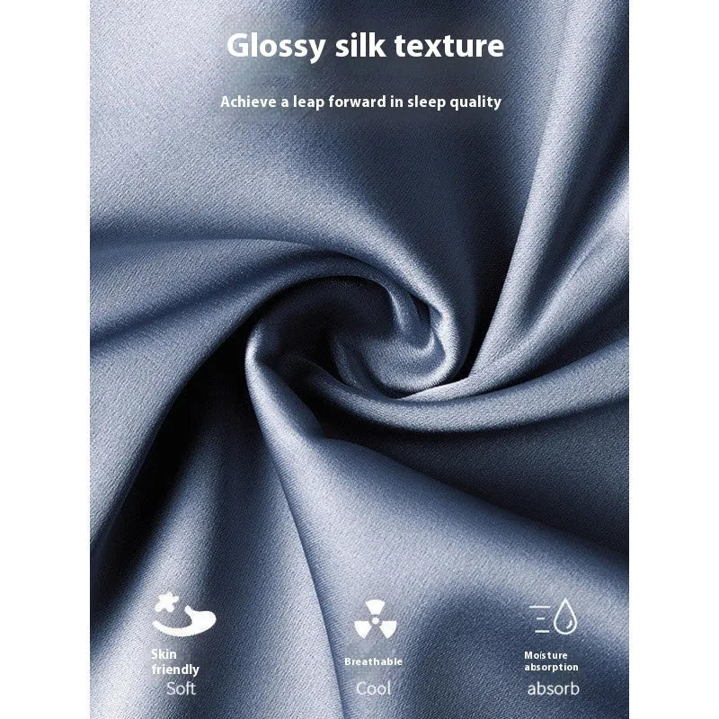 Men's ice silk three-piece home wear set in blue, showing top, shorts, and trousers laid flat.