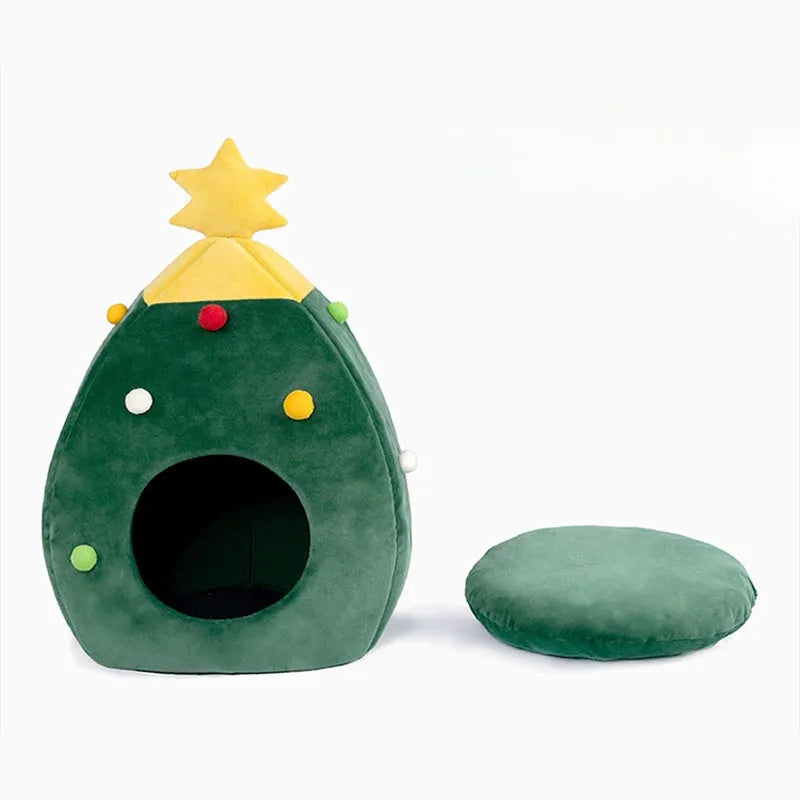 Red Christmas plush cave pet bed for cats and dogs with a washable cover in three sizes.