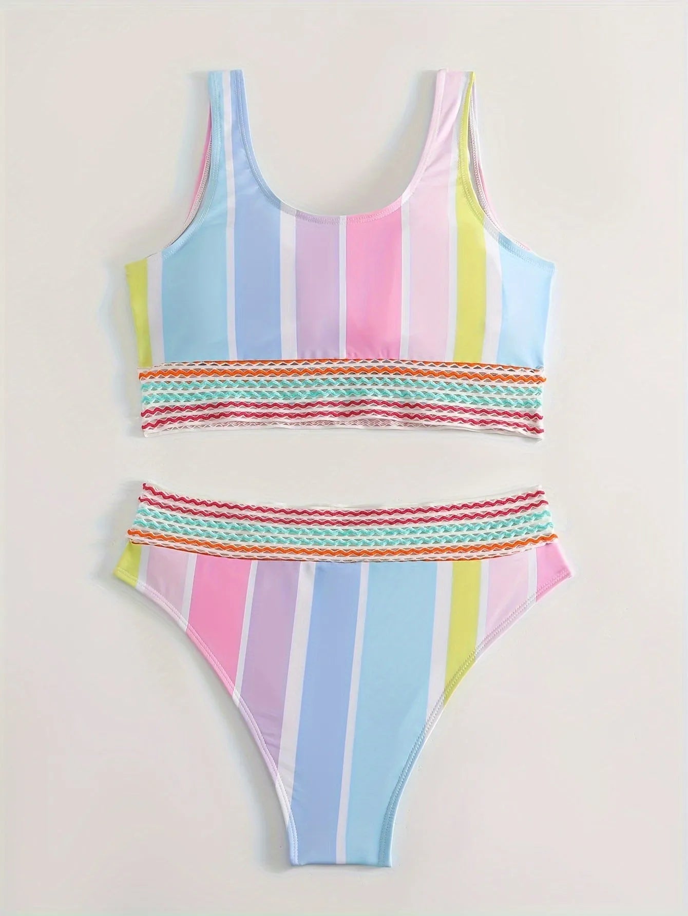 Women's striped two-piece sports bikini set in picture colour, shown for swimming.