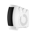 Compact white desktop electric heater with power settings and two-speed fan.