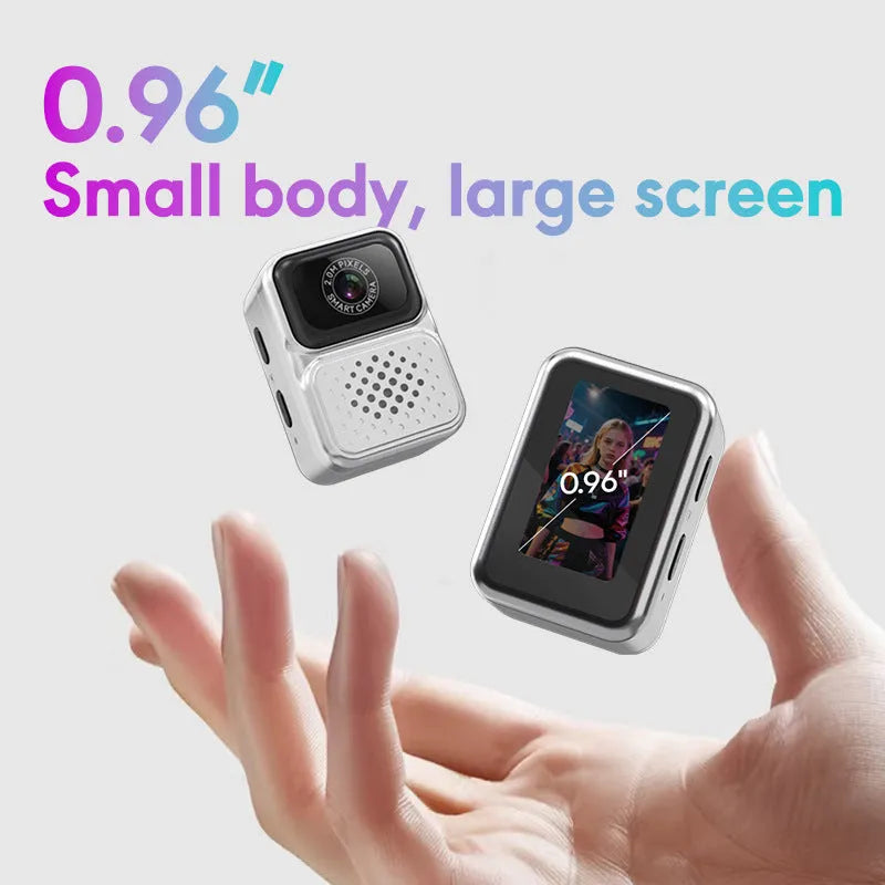 Mini sports camera HD video thumb camera in black plastic body with lens and mode button