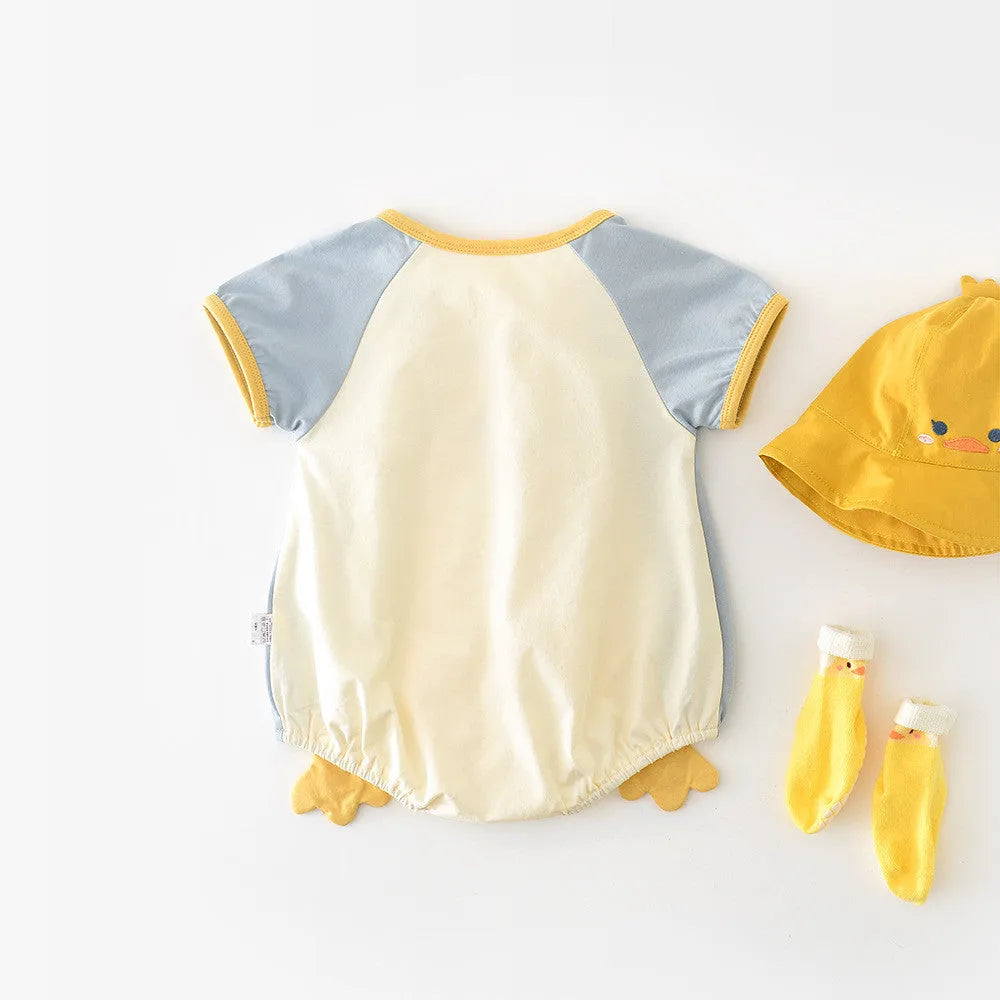 Newborn contrast colour short-sleeved romper triangle jumpsuit cotton blend beige and blue duck