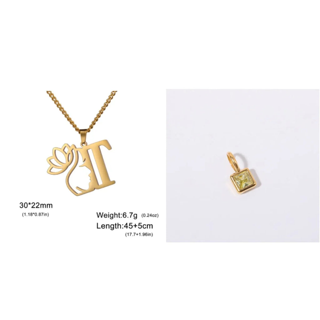 Gold electroplated stainless steel necklace with a cross chain and a letter 'A' pendant on a white background.