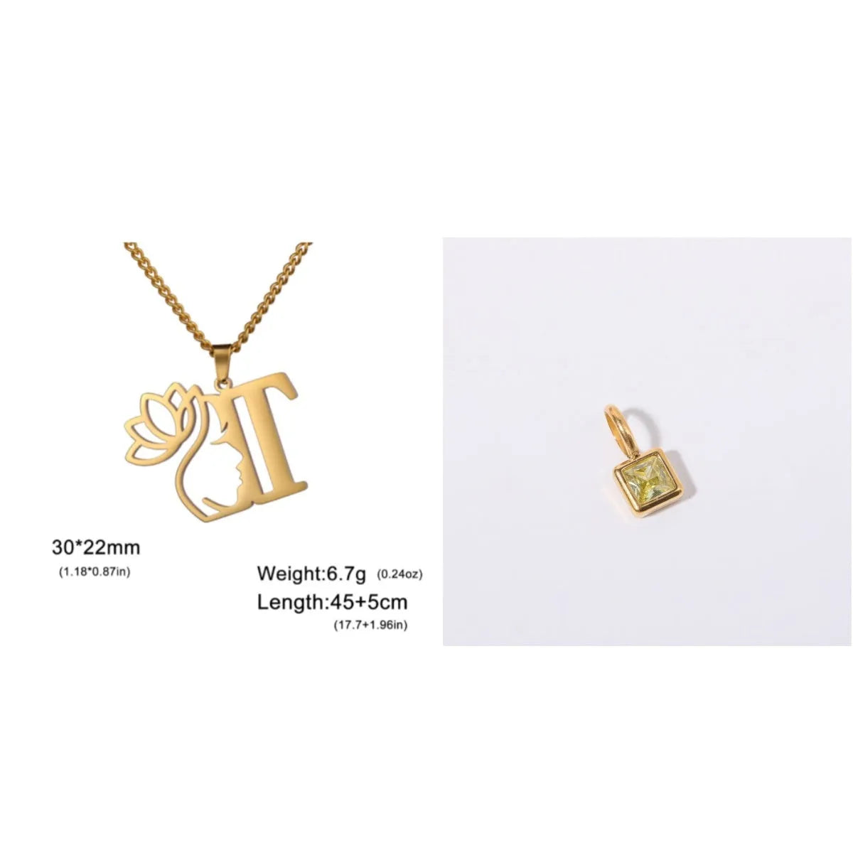 Gold electroplated stainless steel necklace with a cross chain and a letter 'A' pendant on a white background.