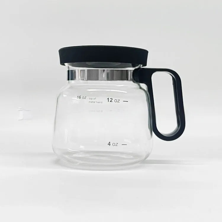 Transparent borosilicate glass coffee maker with silicone cover showing 355 to 473ml capacity
