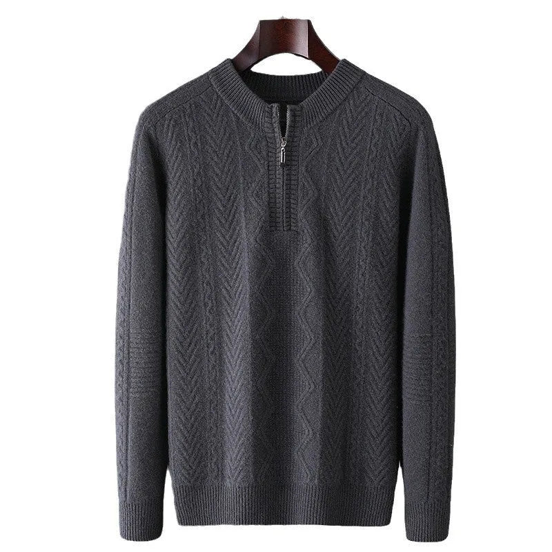 Man wearing a beige pure wool sweater with a diamond pattern and a half-zip front.