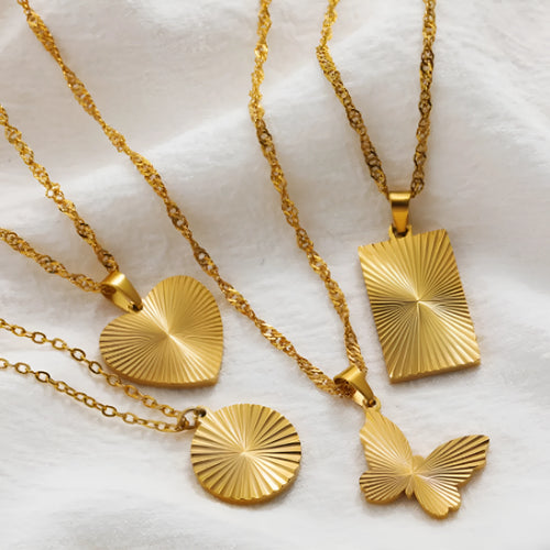 18K gold plated necklace with water wave chain and a choice of heart, bow, round, or square butterfly pendant.