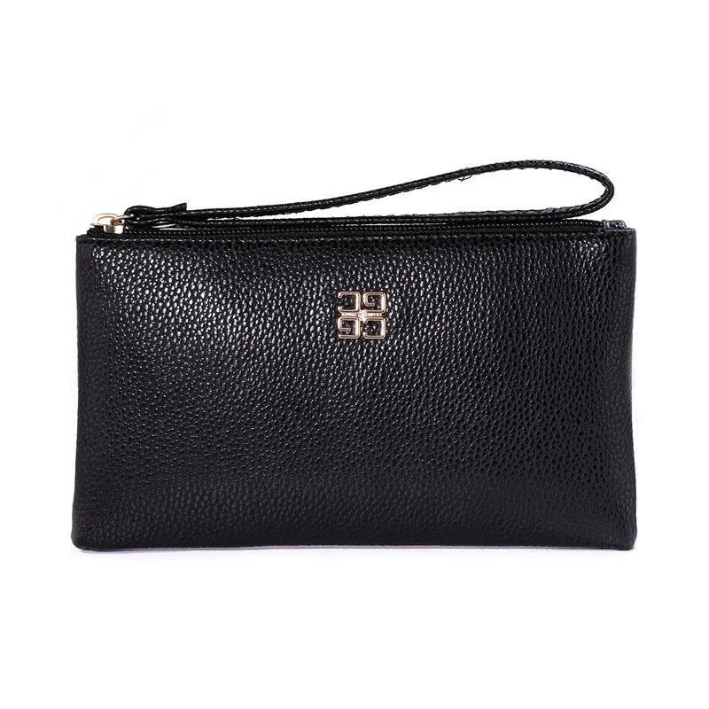 Long black PU leather zip wallet handbag open, showing phone slot and card organisers inside.