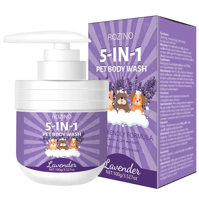 100g plastic bottle of pet shower gel for odour control and lasting fragrance, dimensions 13cm by 5cm.