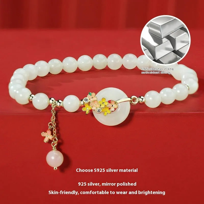 S925 sterling silver bracelet with natural Hetian jade beads and peace buckle closure