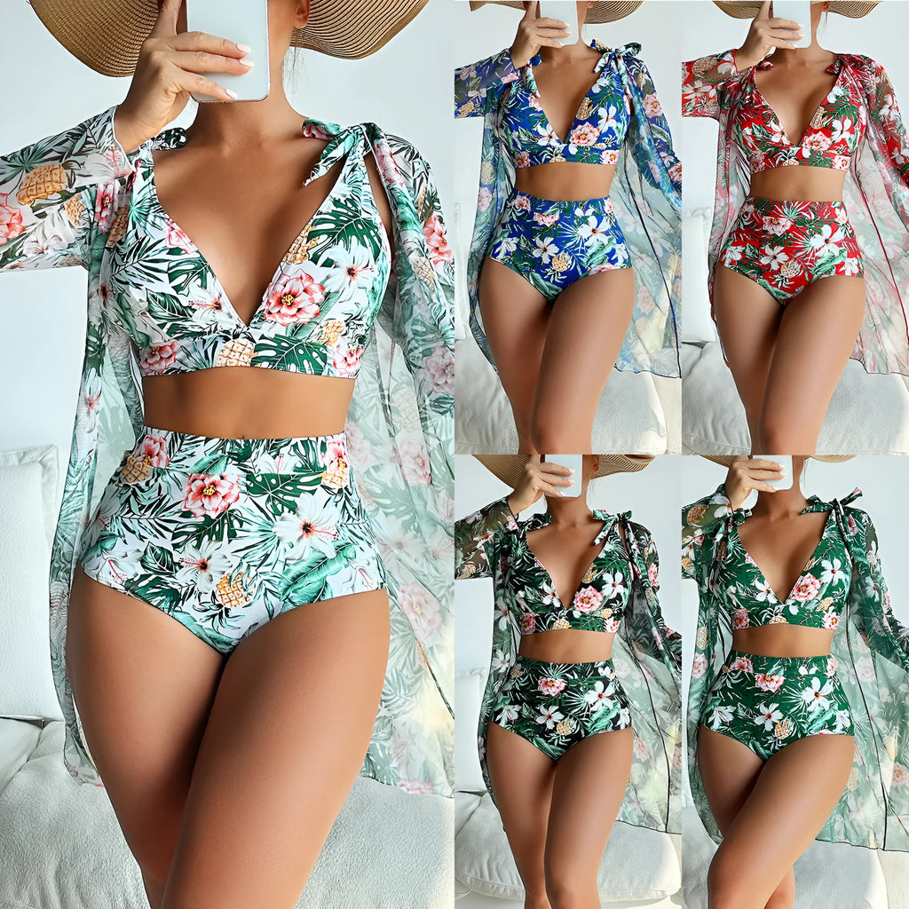 Women's printed multicolor bikini three-piece swimsuit set with sunscreen shirt