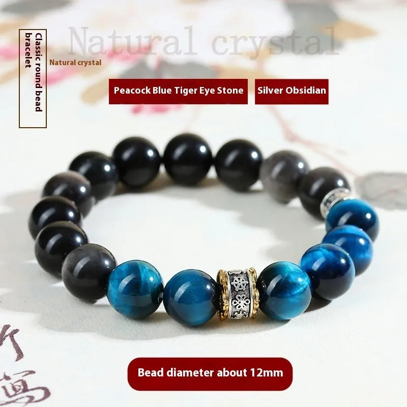 Natural peacock blue Tigereye silver stone bracelet with geometric round design