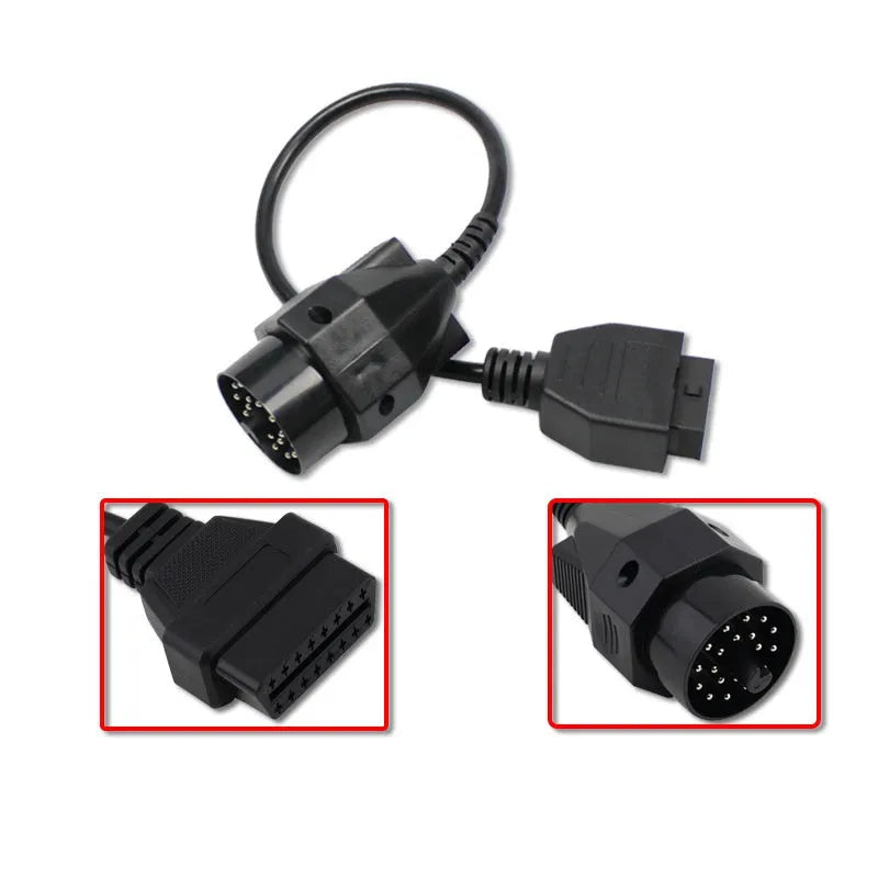 OBD2 adapter cable with BMW 20-pin round plug and standard 16-pin socket for car diagnostics
