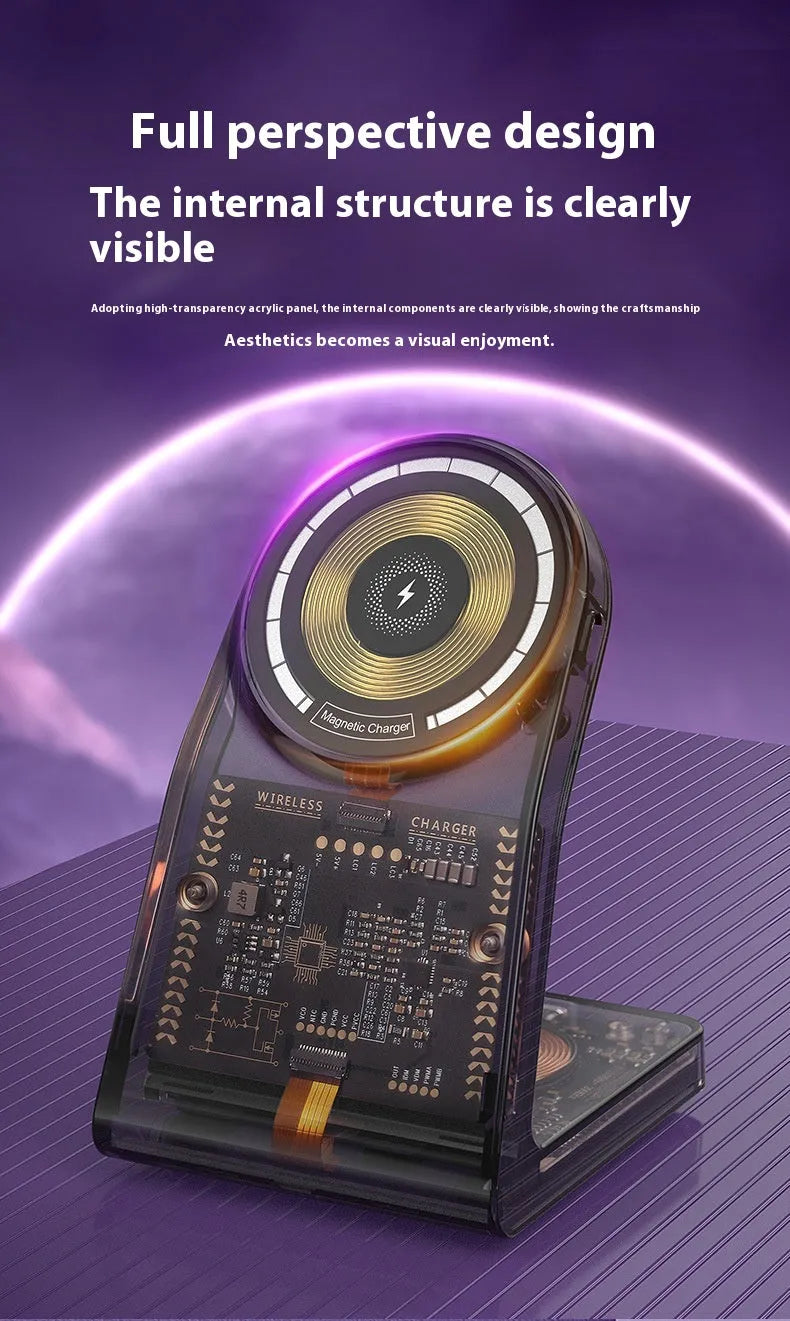 Transparent three-in-one wireless charger with magnetic stand and Type-C port charging a phone, watch, and earbuds