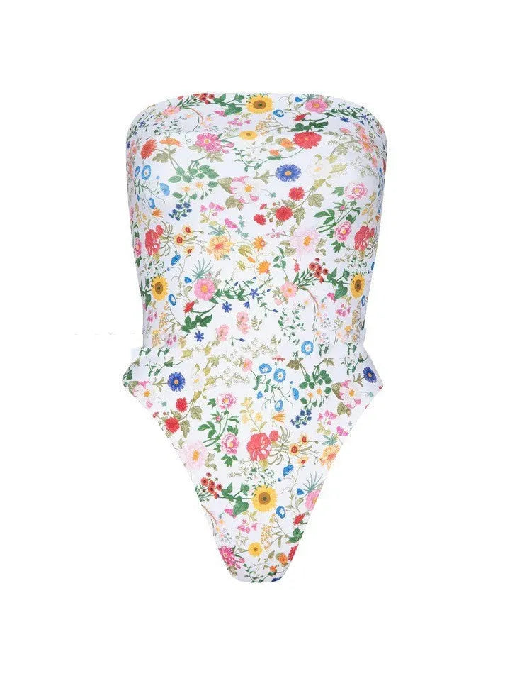 Women's one-piece bikini swimsuit in a sleeveless design, shown in split and conjoined colour pattern options.