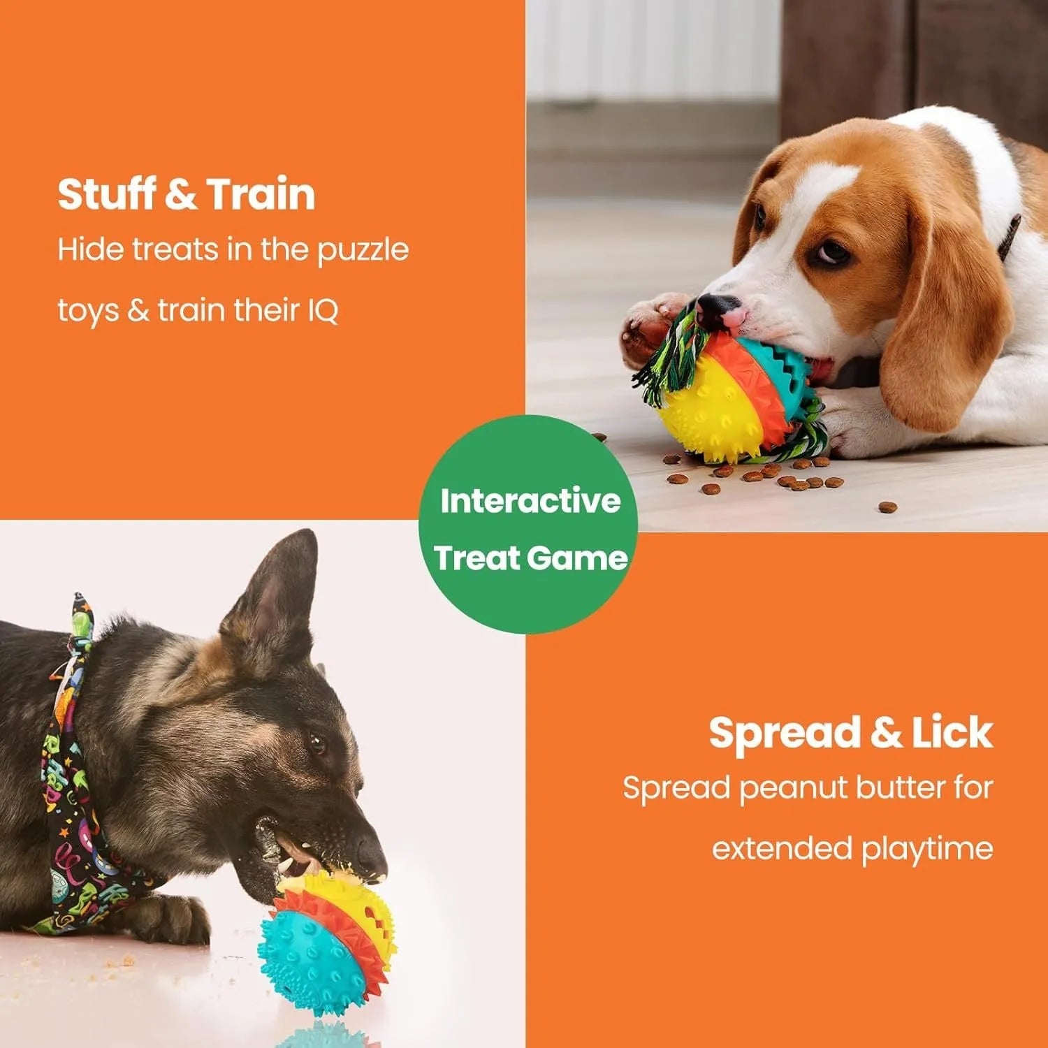 Blue and red ball-shaped dog chew toy with rope and treat dispenser hole on green grass