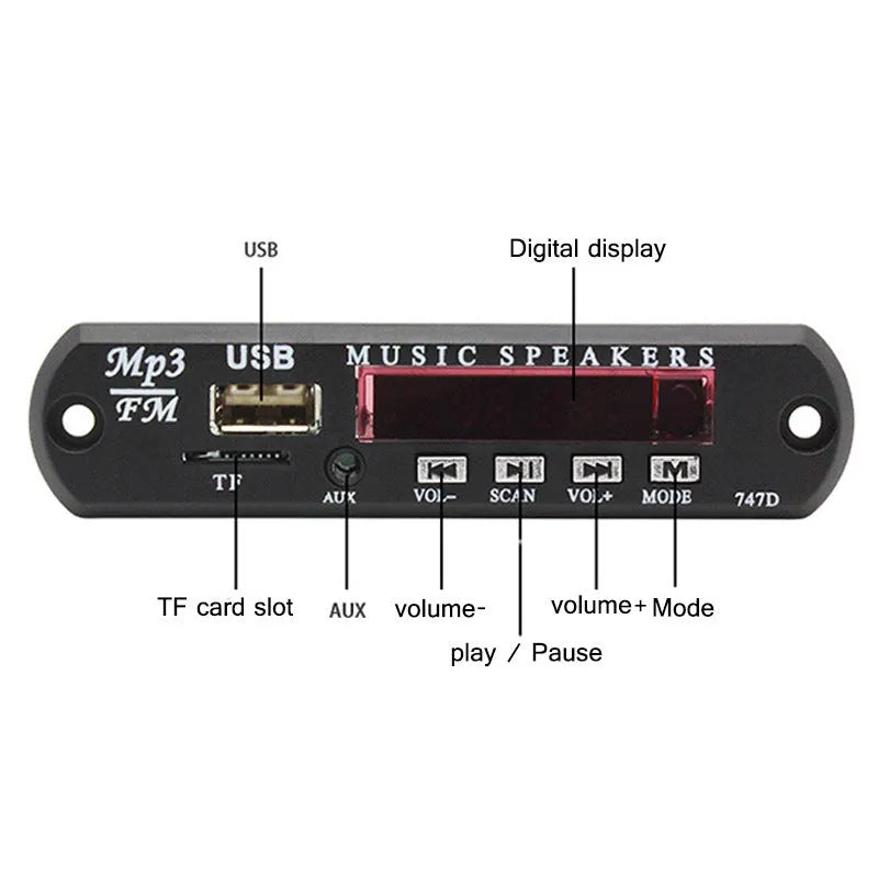 Bluetooth MP3 decoder board with FM radio function, remote control, 106 by 25 by 38 mm, 130 grams, hardware construction