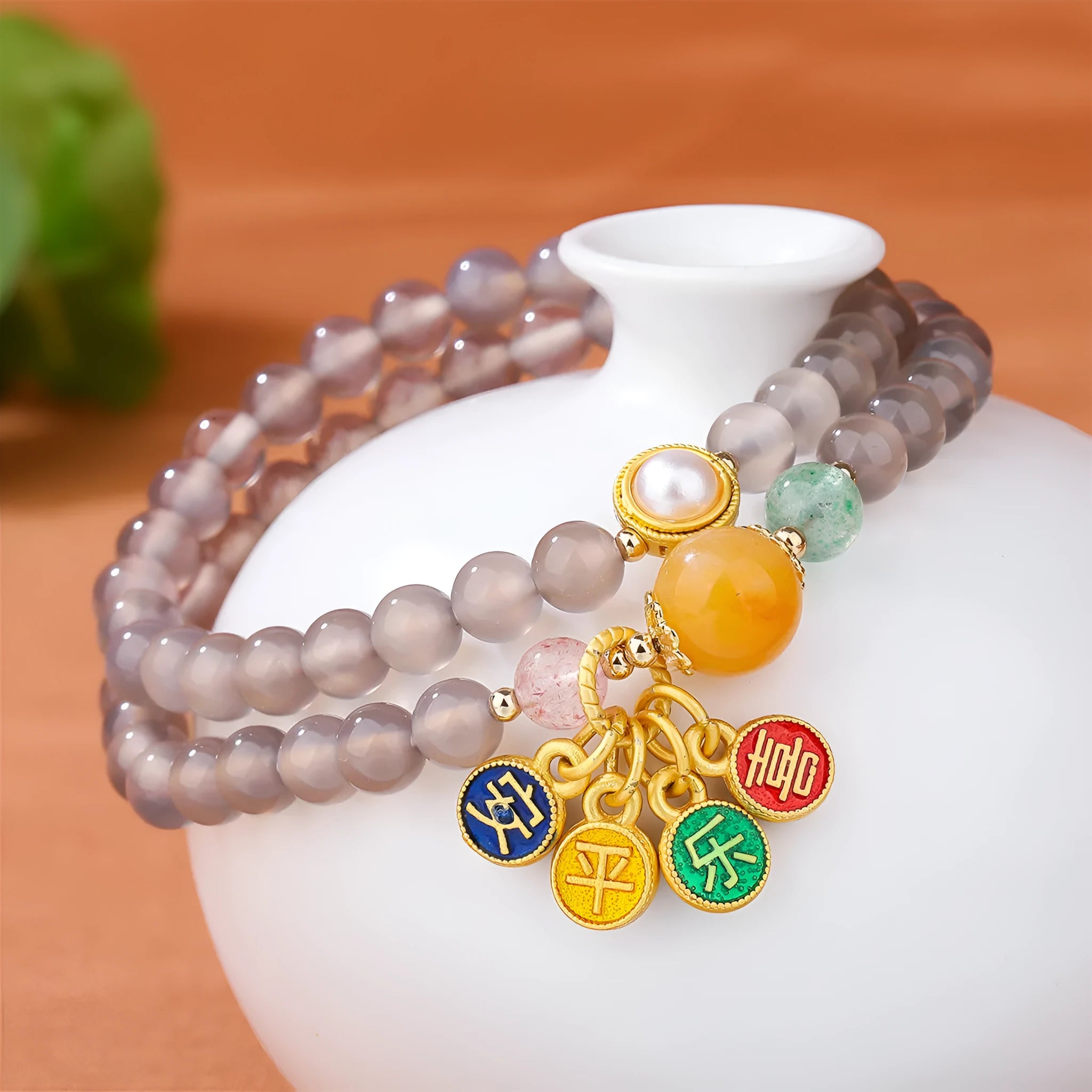 Natural grey agate bracelet with safe and happy motif, retro two-circle design on adjustable cord.