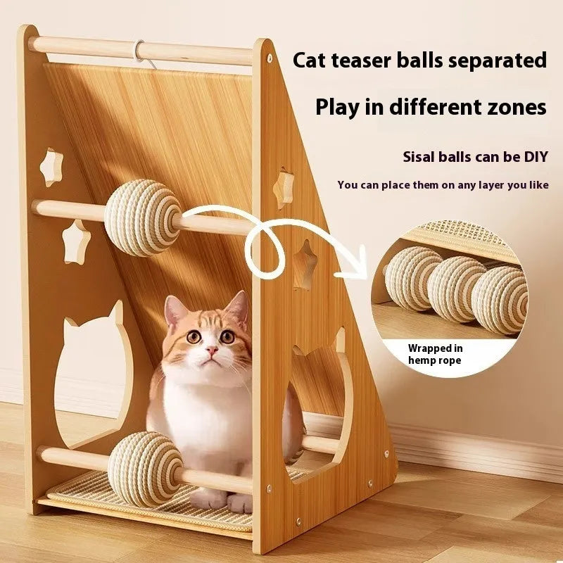 Vertical wall-mounted cat scratch board with sisal fabric and a hanging hemp rope teasing ball.