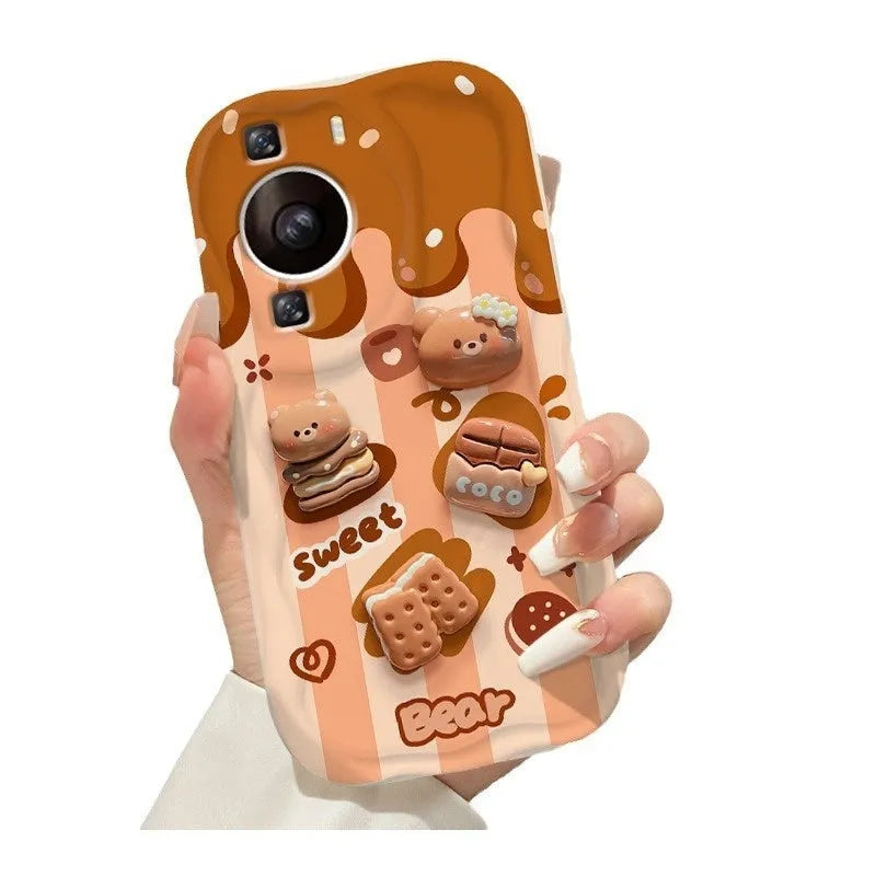 Silicone phone case with chocolate doll lanyard for Apple iPhone in cream pattern, anti-fall protection