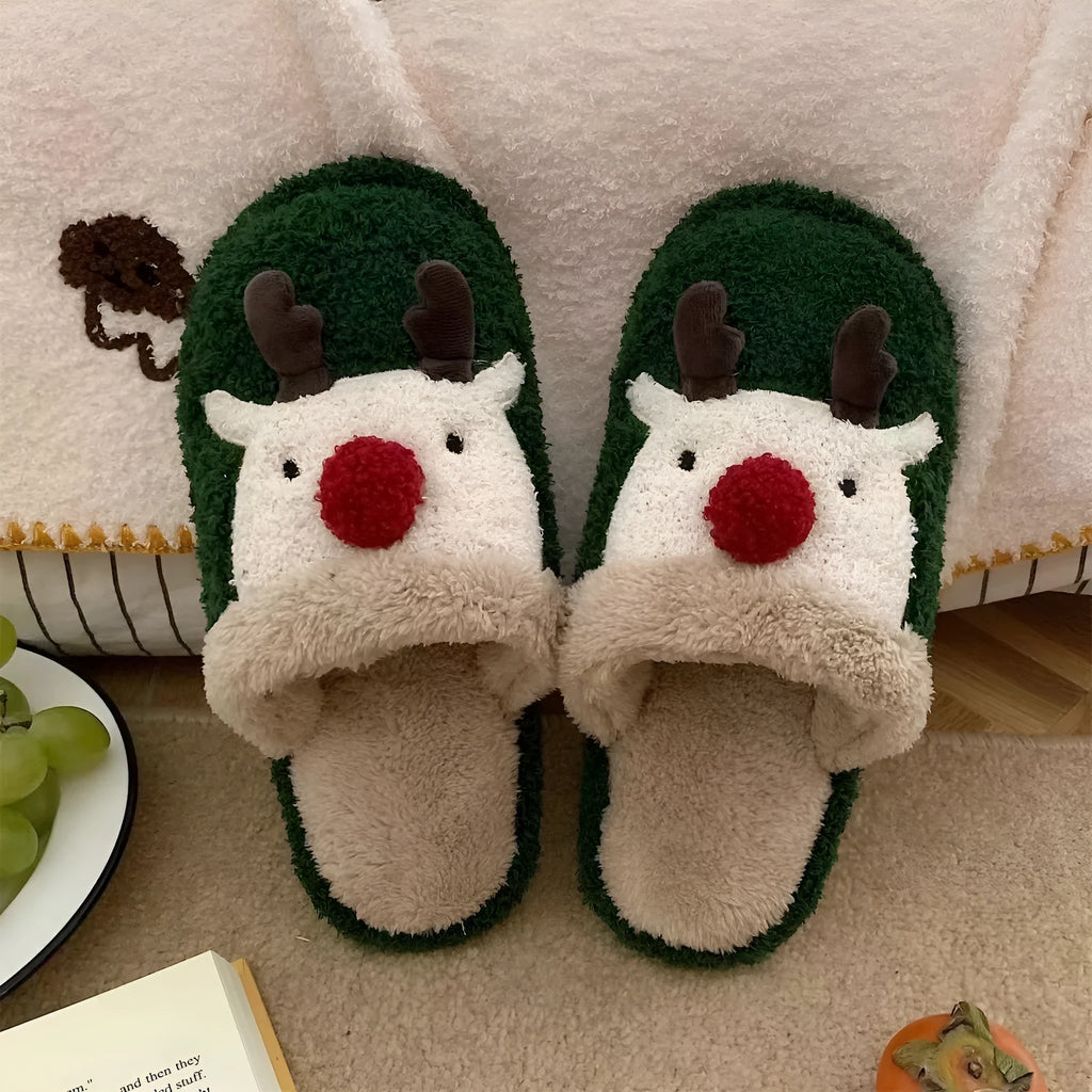 Brown women's cotton slippers with a Christmas deer design and non-slip PVC sole.